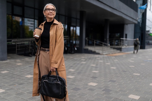 Business woman goes to work with a briefcase