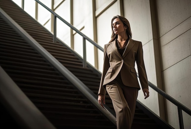 a business woman going down stairs in a outfit in the style of overexposure