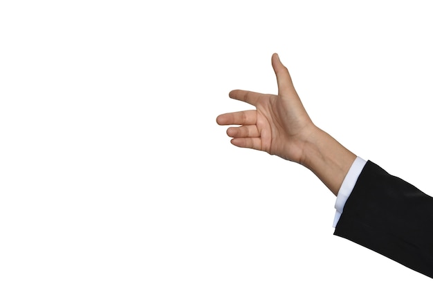 Business woman hand pointing on white