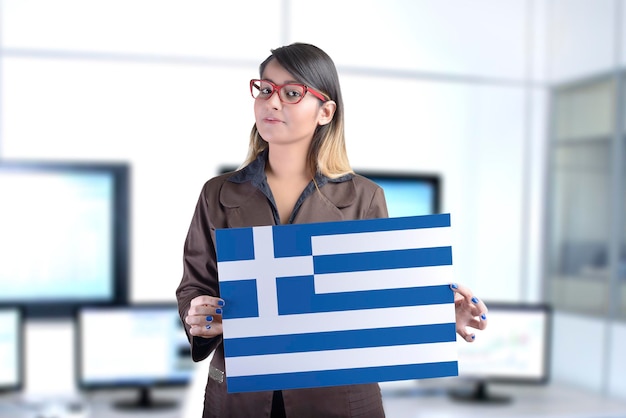 Business Woman Holding the Greek Flag