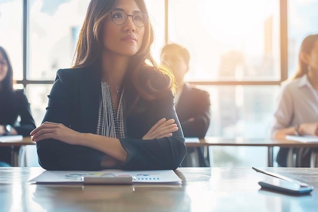 Business woman holding a meeting to discuss home insurance trends professional attire collaborative team environment