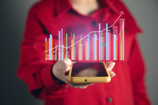 Business woman holding phone and touching screen on smart phone