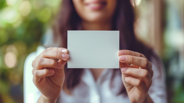 Business woman holds a clean business card in her hands closeup