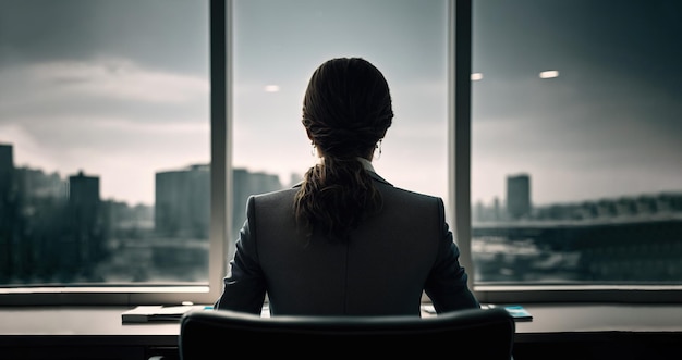 A business woman looking at the city from her office Generative AI