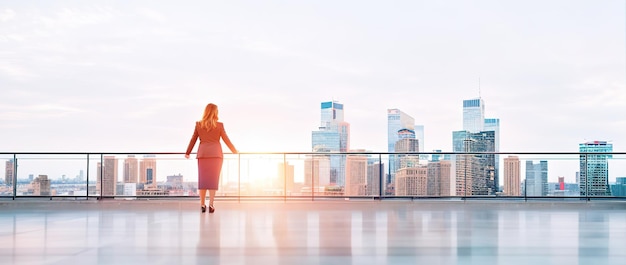 Business woman looks at the city of skyscrapers from the office view from the back