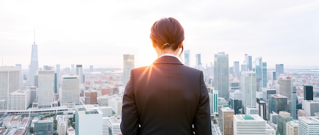 Business woman looks at the city of skyscrapers from the office view from the back