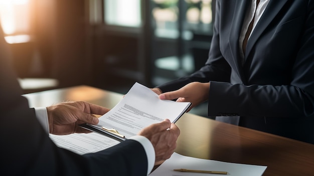 Business woman and man lawyer attorney showing document to man client providing advisory services