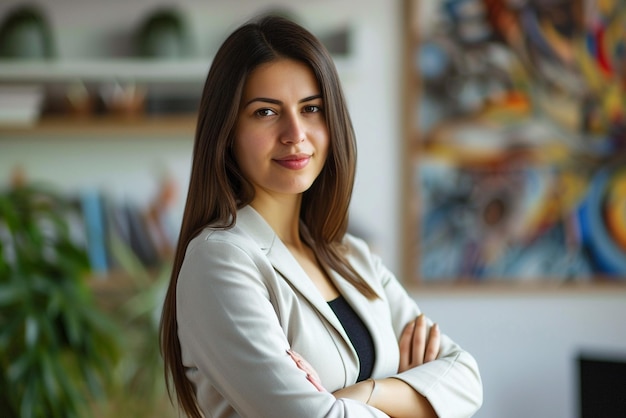 business woman in office with arms crossed