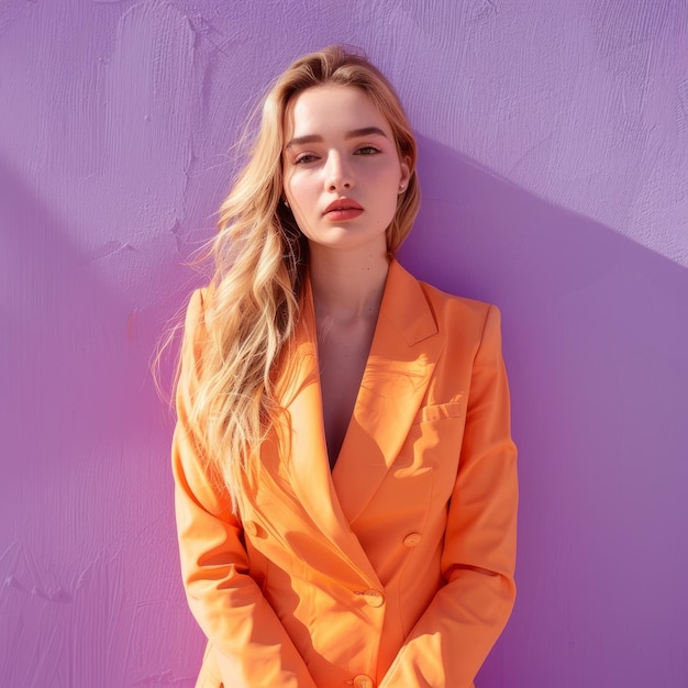 Photo business woman in a orange suit on a purple wall background