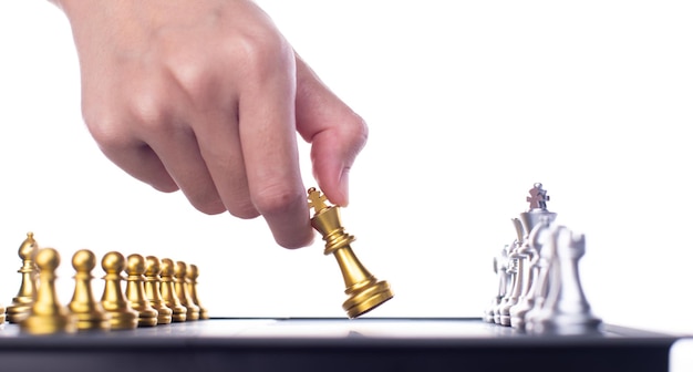 Business woman play Chess to success Leader use strategy game to challenge competitor with intelligence leadership power to move King to victory with management team idea battle to win copy space