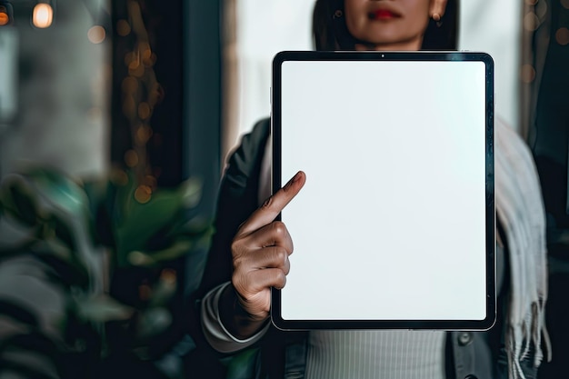 Photo business woman pointing finger at tablet