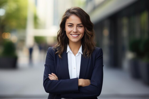 Business woman positive female entrepreneur standing outdoor on street Generative AI