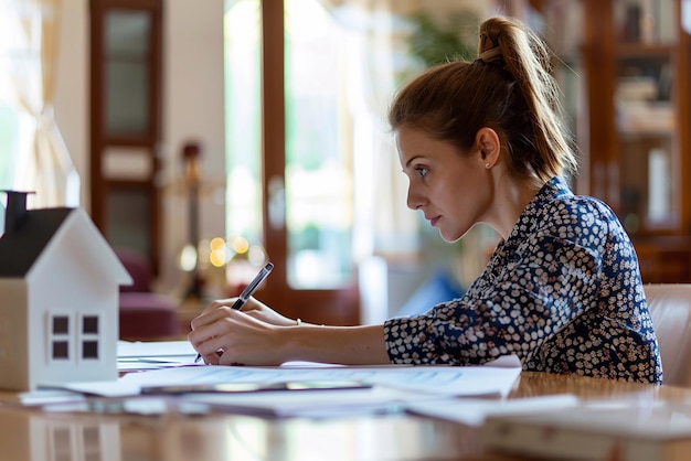 Business woman preparing home insurance documents for a client meeting organized desk focus on detail