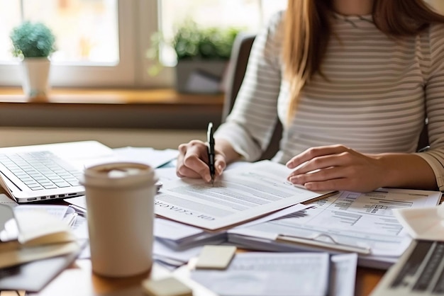 Business woman preparing home insurance documents for a client meeting organized desk focus on detail