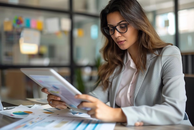 Business woman reviewing digital home insurance data on a tablet modern office focus on detail and professionalism