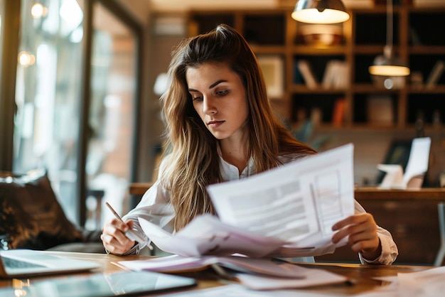 Business woman reviewing a home insurance claim detailed paperwork modern office setting high clarity