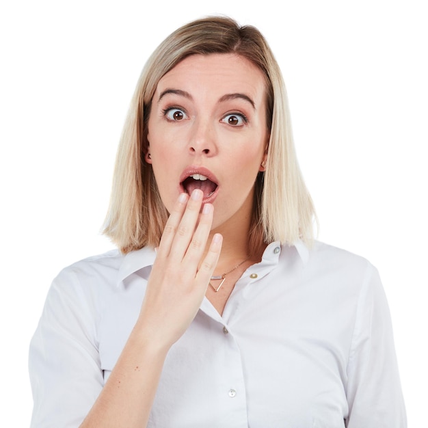 Business woman and shock portrait in studio for bad surprise problem or wtf moment of people Worry anxiety or stress gasp of shocked and young corporate person at isolated white background