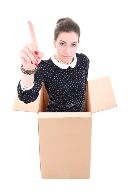 Business woman showing idea gesture in cardboard box isolated on white background