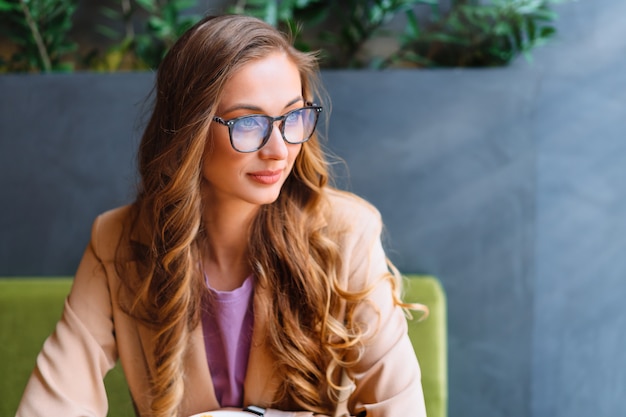 Business Woman Sitting Cafe Near Window Waiting Business Partner Caucasian Female Resting Cafeteria DSmile Looking outside