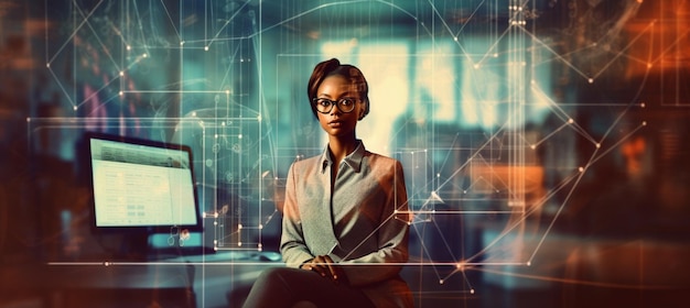 Business woman sitting front laptop computer with financial graphs and statistics on monitor