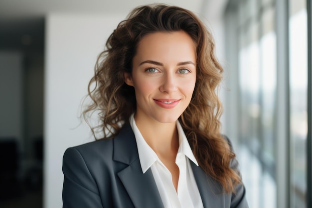 Business woman smiling in an office building radiating positivity and professionalism hiring image for job postings