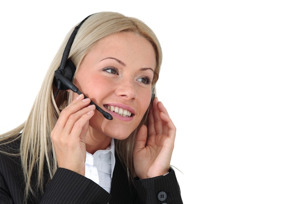 Business woman speak with headset