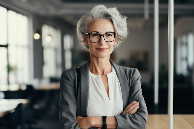 A business woman standing in a grey suit in the office