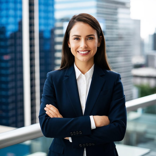 Business woman in a suit stands in office