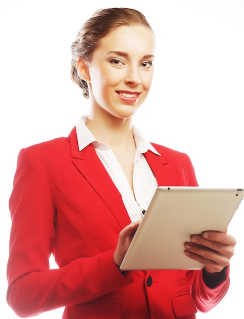 Business woman uses a mobile tablet computer