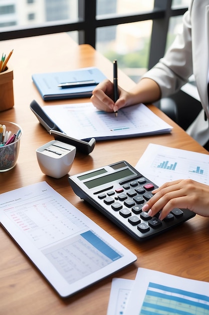 Photo business woman using calculator for do math finance on wooden desk in office and business working background tax accounting statistics and analytic research concept