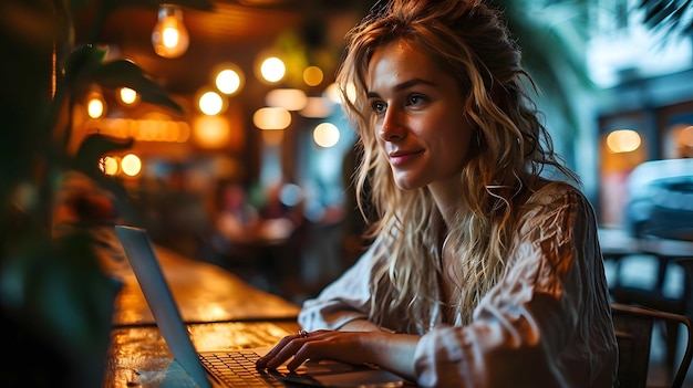 Business woman using a laptop in a meeting with her team