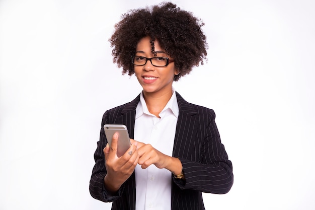 business woman using smartphone isolated on white background