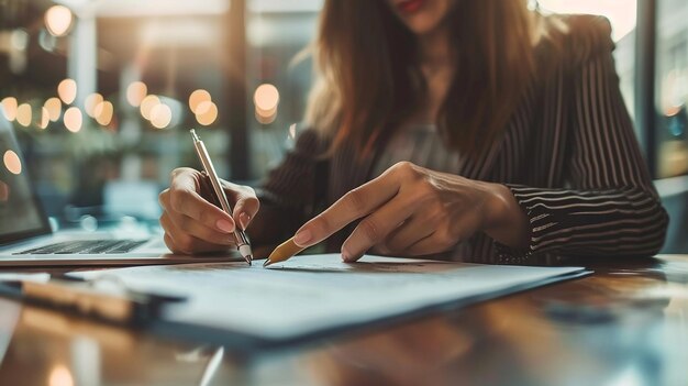 Business Woman Using Stylus to Sign Document