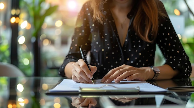 Business Woman Using Stylus to Sign Document