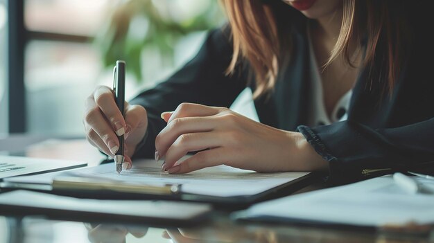 Business Woman Using Stylus to Sign Document