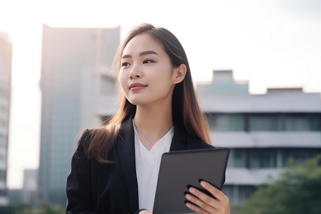 Business woman using tablet computer in modern city at sunset asian