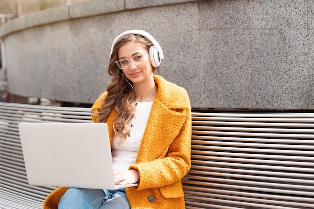 Business Woman Wear Eyeglasses Listen Music Headphone