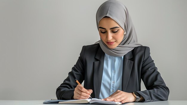 Photo business woman wearing hijab and blazer taking notes in a notebook in an office setting