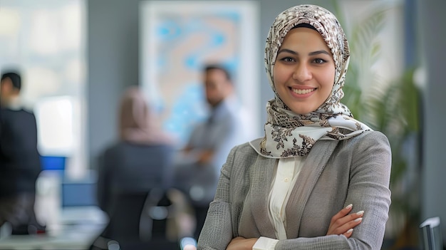 a business woman with a hijab on her head stands in front of a group of people