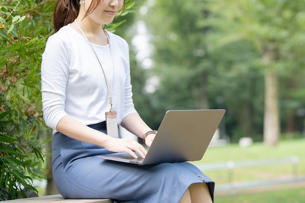 Business woman with laptop outdoors