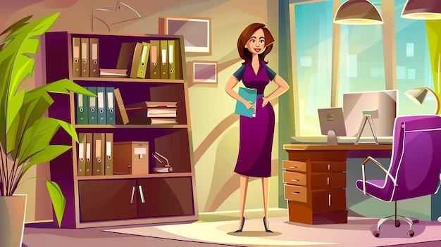 Business woman with paper documents standing in office vector illustration