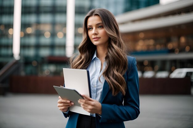 business woman with wavy long hair and stands holding a notebook in hands