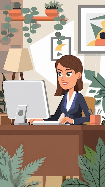 Business woman working on computer at the desk cute cozy home workplace cartoon style