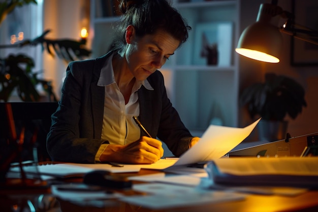 Business woman working late in the office focused on home insurance documents desk lamp lighting high detail