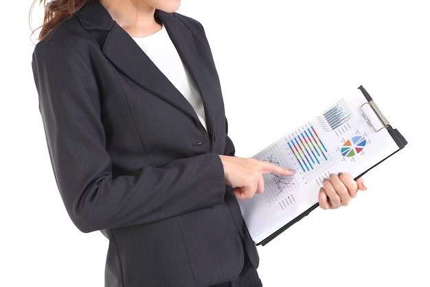 Business women holding folder with paperwork on white .