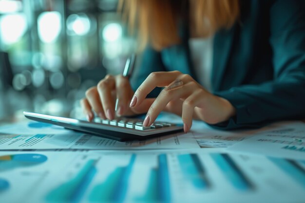 Business women use calculators to calculate investment charts at work AI Generated