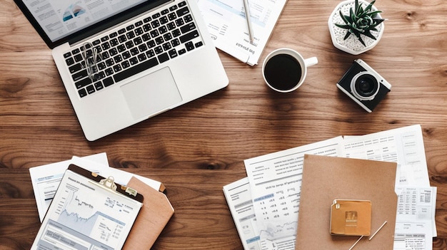 Photo business workspace of a table full of working items