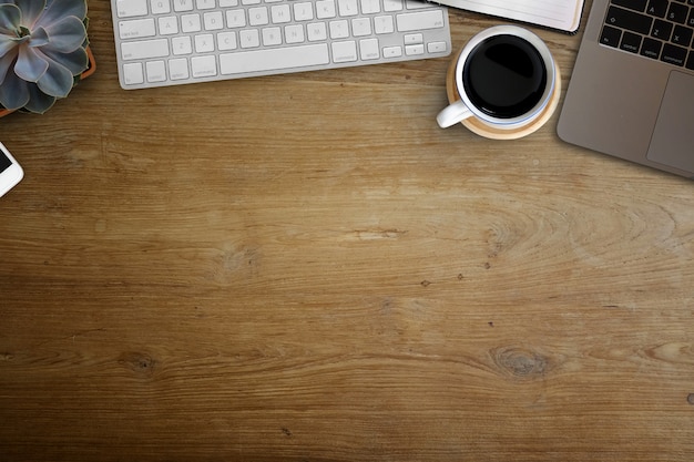 Business workspace, Wooden desktop with office supplies. 