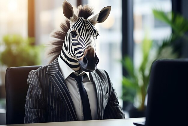 Photo business zebra in suit sitting at a table in office generative ai