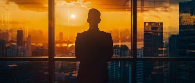 Photo businesses man standing in front of window looking out at the city at sunset